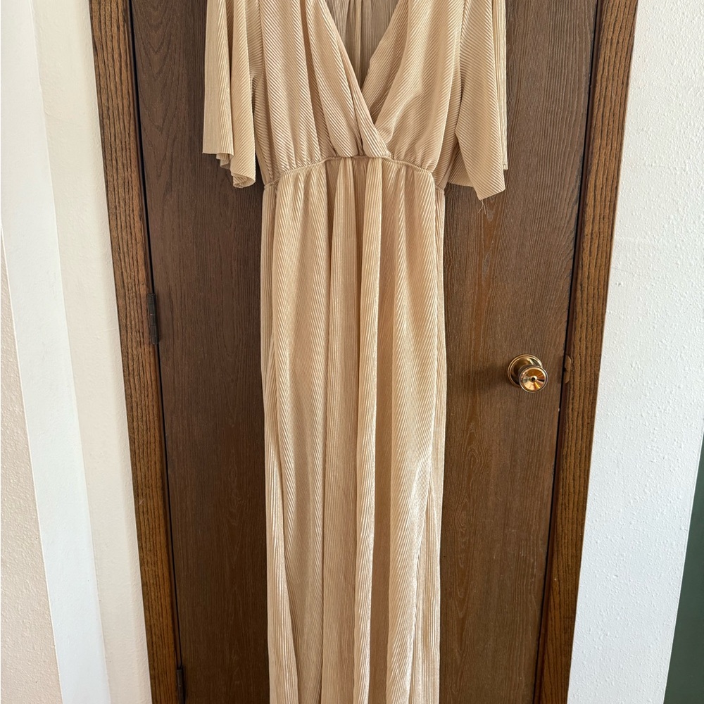 Women's Cream V-Neck Maxi Dress with Gathered Waist